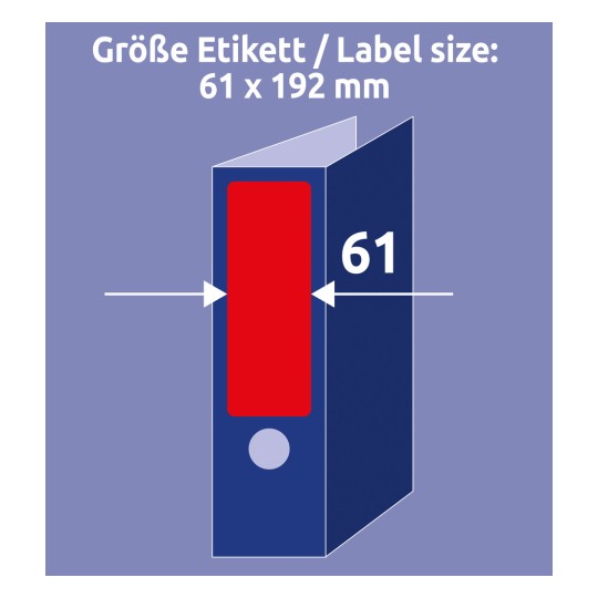 Slika prikazuje grafiko z oznako velikosti 61 x 192 mm na strukturi podobni mapi, z rdečim območjem oznake, ki prikazuje višino, in mersko oznako vedeno kot 61.