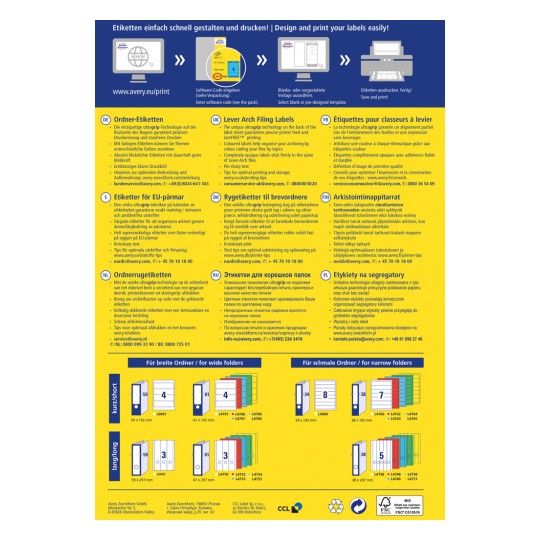 Slika je promocijski letak za Averyjeve etikete za registratorje, ki opisuje lastnosti, nasvete in kontaktne informacije v več jezikih. Vključuje vizualne prikaze dizajnov etiket za različne velikosti map in poudarja preprostost oblikovanja in tiskanja.