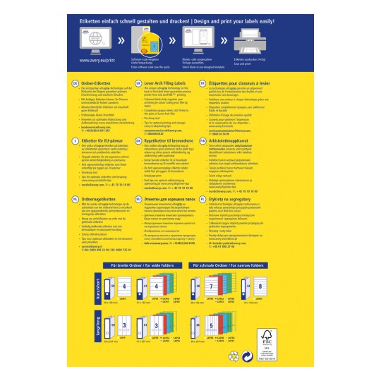 Slika vsebuje barvito reklamo za Avery tiskalne etikete. Vključuje različne jezike in navodila za tiskanje ter uporabo etiket za organizacijo, posebej za vložitev v mape. Vizualni primeri velikosti etiket so prikazani na dnu.