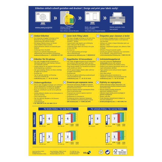 Slika je informativna grafika o oblikovanju in tiskanju etiket, ki vsebuje navodila v več jezikih, vključno s podrobnostmi o vrstah etiket za različne velikosti map in nasveti za optimalno uporabo.