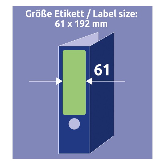 Slika prikazuje dizajn nalepke z dimenzijami 61 x 192 mm, z zelenim področjem nalepke, označenim poleg ilustracije modre mape.