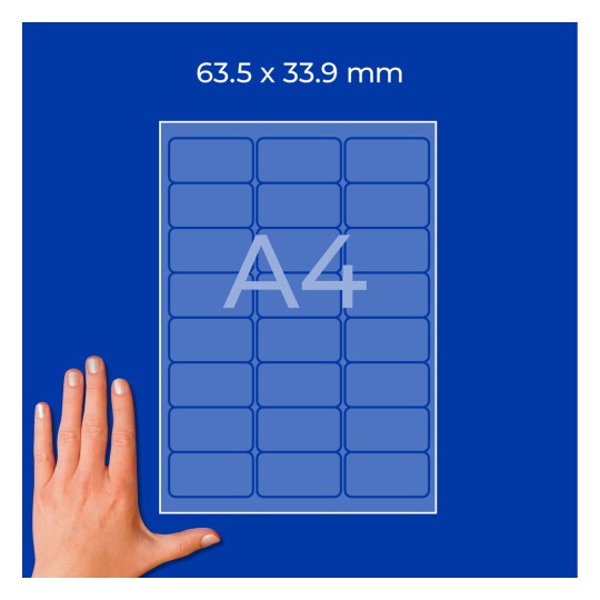 List A4 s pravokotnimi nalepkami velikosti 63,5 × 33,9 mm in roko v spodnjem levem kotu?