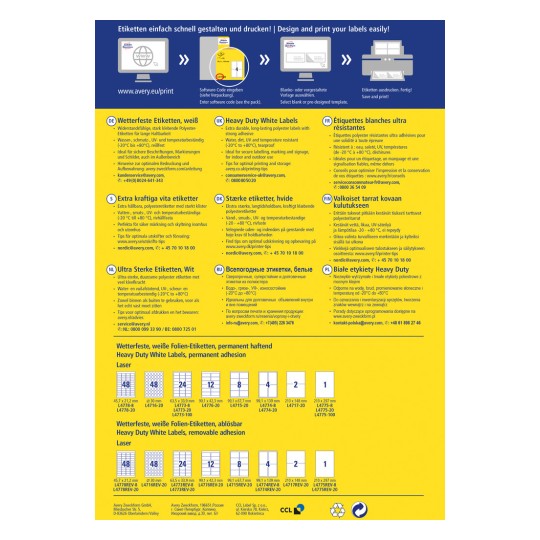 Slika vsebuje informacije o izdelkih Avery etiket, vključno s podrobnostmi o belih vremensko odpornimi in težko vzdržljivimi etiketami. Opozarja na lastnosti lepila, odpornost na temperaturo in možnosti oblikovanja v več jezikih. Navedene so tudi specifične kode izdelkov in dimenzije.