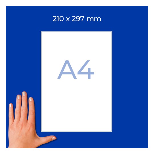 Obris lista papirja A4 na modrem ozadju z roko spodaj levo in dimenzijami 210 x 297 mm?