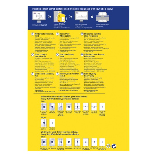 Slika prikazuje barvno tabelo za oblikovanje in tiskanje različnih vrst nalepk. Vključuje informacije v več jezikih o vremensko odpornh nalepkah, težko obremenljivih belih nalepkah ter njihovi specifikaciji za tiskanje, velikosti in uporabo.