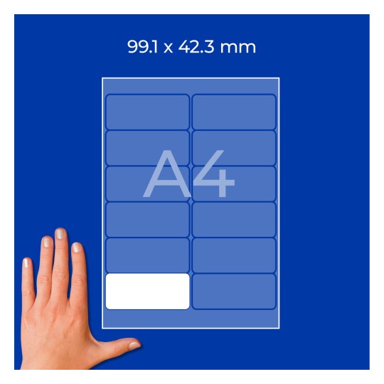 Roka ob maketi lista A4 z nalepko velikosti 99,1 x 42,3 mm in pravokotno postavitvijo nalepke?