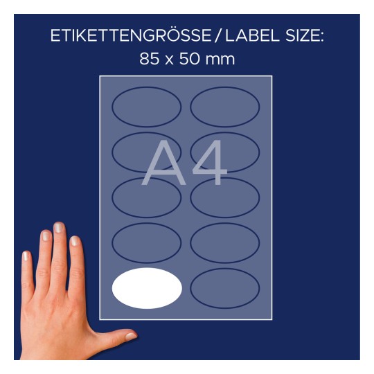 Slika prikazuje list z nalepkami, označen z roko za referenco velikosti. Prikazuje velikost nalepke 85 x 50 mm in označuje format papirja A4.