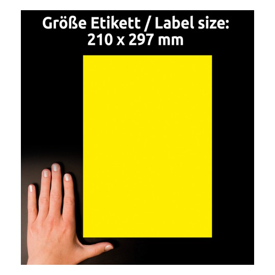 Primerjava velikosti z roko, artikel: L6006-25, en list nalepk v posebnih barvah, format: 210 x 297 mm, barva: neonsko rumena.