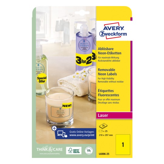 Slika embalaže: Avery Zweckform neonske etikete, Artikel: L6006-25, Format: 210 x 297 mm, primerno za tiskanje: laserski ČB, barvni laser, Vsebina: 25 etiket / 25 listov, 1 etiketa/list?