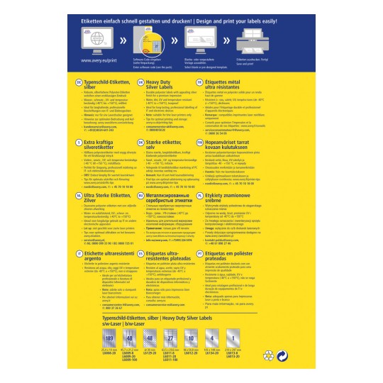 Informativna grafika prikazuje različne vrste trpežnih srebrnih nalepk Avery, z opisi specifikacij nalepk, navodili za uporabo in informacijami o podpori strankam v različnih jezikih. Postavitev vključuje dimenzije izdelka in primernost za različne aplikacije.