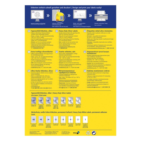 Slika je informativna grafika o Averyjevih visokokakovostnih srebrnih in belih etiketah, ki podrobno opisuje velikosti, uporabe in navodila za tiskanje v več jezikih.