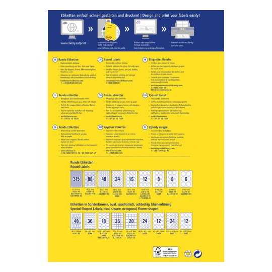 Slika prikazuje informacije o oblikovanju in tiskanju etiket, vključno z različnimi vrstami okroglih etiket in dimenzijami, z navodili v več jezikih.