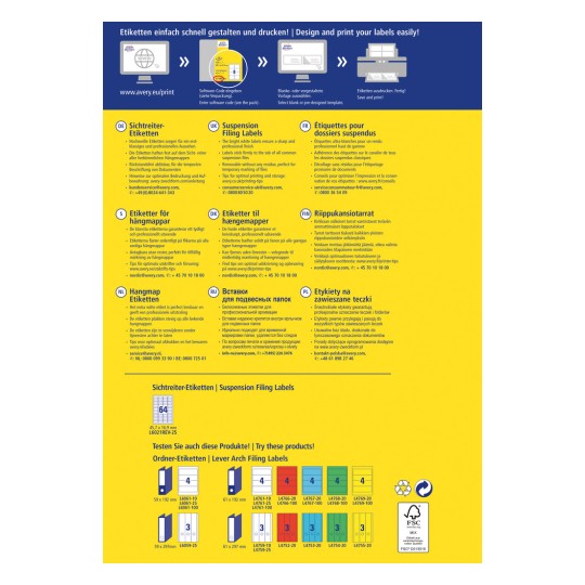 Slika vsebuje navodila za oblikovanje in tiskanje oznak za viseče mape. Vključuje različne jezike in opisuje korake ter nasvete za optimalno uporabo, skupaj s slikami vrst oznak in njihovimi merami.