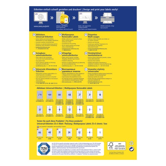 Slika je promocijska postavitev za etikete Avery, ki podrobno opisuje različne odstranljive in univerzalne etikete, na voljo za tiskanje. Vključuje opise v več jezikih, slike formatov etiket ter navodila za uporabo in oblikovanje.