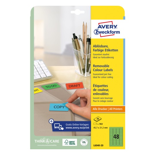 Slika embalaže: Avery Zweckform barvne organizacijske etikete, odstranljive, artikel: L6040-20, format: 45,7 x 21,2 mm, primernost tiskanja: inkjet, laserski črno-bel, barvni laser, vsebina: 960 etiket / 20 listov, 48 etiket/list.