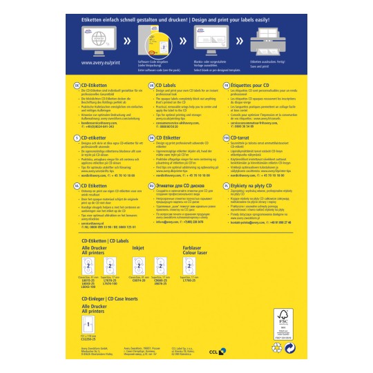Slika je informativni vodnik o ustvarjanju in tiskanju nalepk za CD-je. Vsebuje navodila v več jezikih, nasvete za uporabo in šifre izdelkov za različne nalepke. Dizajn je svetel in vključuje grafike za lažje razumevanje.