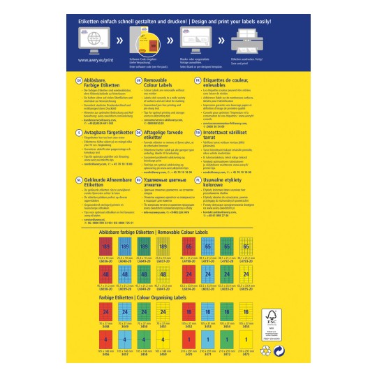 Slika prikazuje barvito infografiko, povezano z nalepkami Avery, ki prikazuje različne vrste odstranljivih barvnih nalepk in njihove specifikacije, vključno z velikostjo in kodami izdelkov v več jezikih.