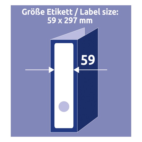 Slika prikazuje velikost etikete 59 x 297 mm, prikazano z grafiko registra. Meritva '59' je poudarjena na levi, kar označuje širino etikete.