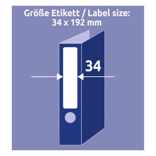 Slika prikazuje vizualno predstavitev etikete velikosti 34 x 192 mm za uporabo z registratorjem ali mapo.