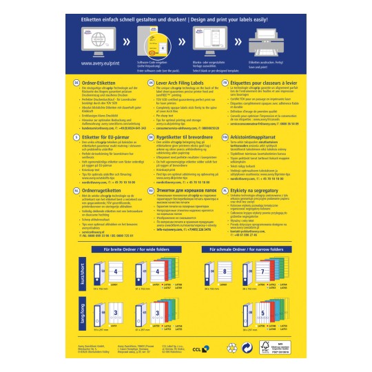 Slika je večjezični oglas za izdelke znamke Avery, ki podrobno opisuje lastnosti in navodila za oblikovanje in tiskanje etiket. Vključuje oddelke za naročanje, specifikacije etiket in kontaktne informacije za službo za stranke v različnih jezikih.