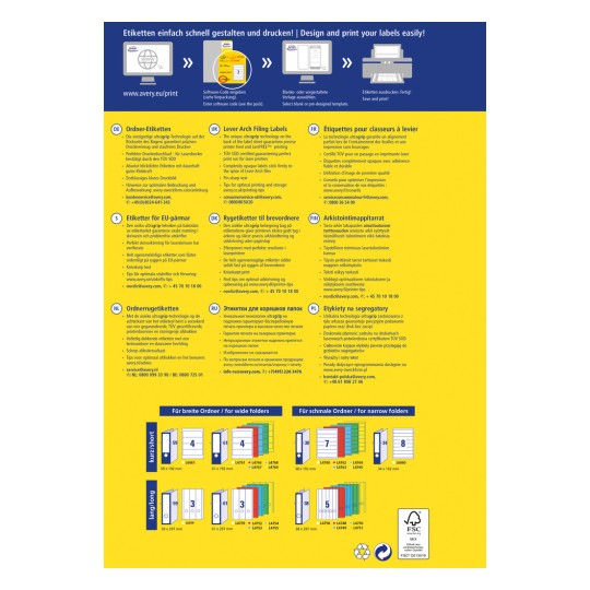 Slika prikazuje promocijski vodnik za Averyjeve izdelke za označevanje. Vključuje navodila in nasvete za oblikovanje in tiskanje etiket ter različne predloge etiket za različne velikosti map v več jezikih.