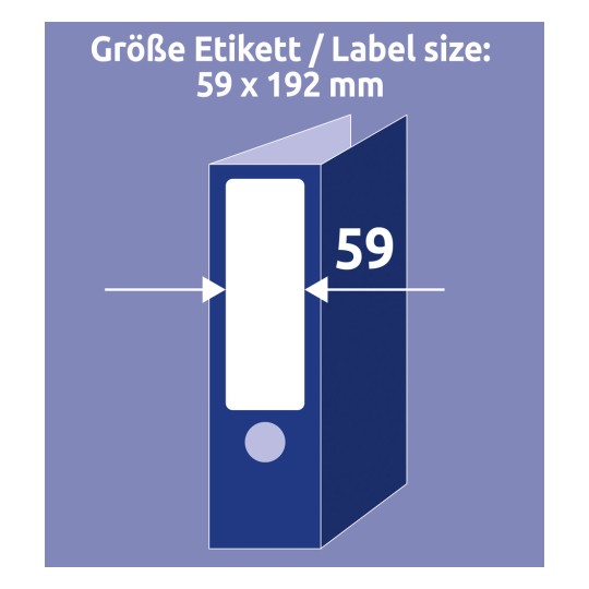 Slika prikazuje grafično predstavitev, ki prikazuje velikost oznake: 59 mm v širino in 192 mm v višino, skupaj z ilustracijo mape, kamor bi se oznaka prilegala.