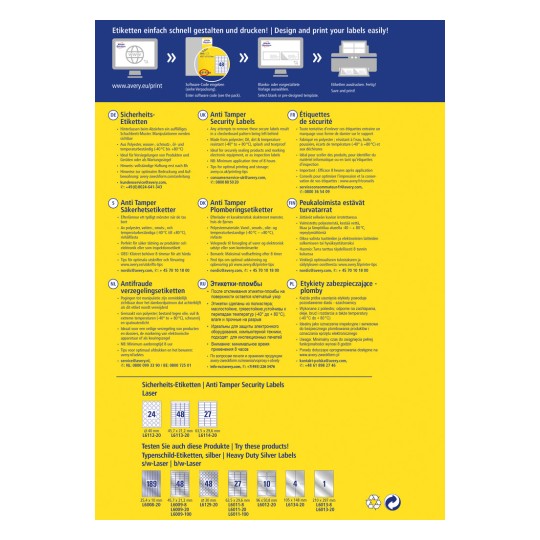 Slika vsebuje informacije o varnostnih nalepkah proti poseganju, vključno s specifikacijami izdelka, jeziki, navodili za uporabo in različnimi kontaktnimi podatki za Avery.