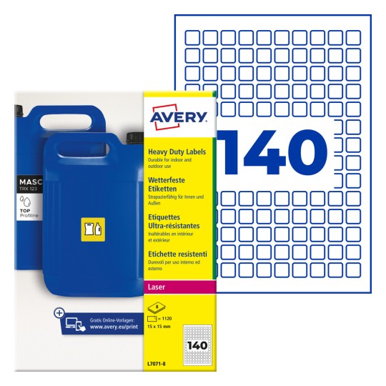 Averyjev paket etiket za težka bremena s podobo modrega kanistra in mrežo oznak »140«?