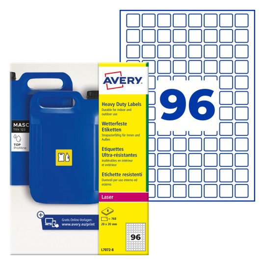 Averyjeva embalaža z etiketami za težke obremenitve z modrimi kanistri in grafiko številke 96?