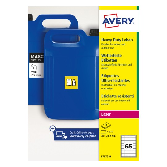 Modri plastični kanistri z etiketami Avery Heavy Duty – oblikovanje embalaže?