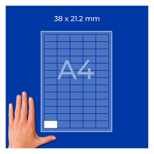 Roka poleg modrega A4 mrežnega diagrama z oznako 38 x 21,2 mm?
