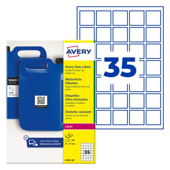 Komplet težkih nalepk Avery z modrimi jerrycani in mrežo, ki prikazuje 35 kvadratnih nalepk?