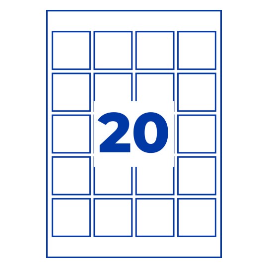 Mreža 20 modro obrobljenih kvadratov z veliko modro številko 20 na sredini?