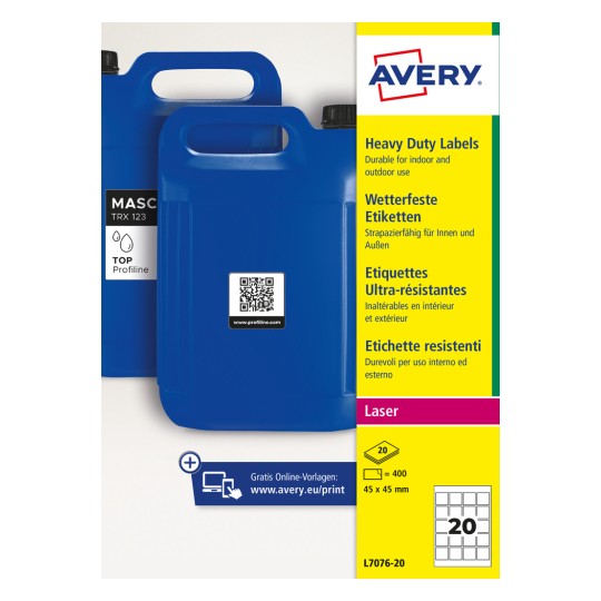 Modri plastični kanistri z nalepko QR poleg rumene embalaže nalepk Avery Heavy Duty?