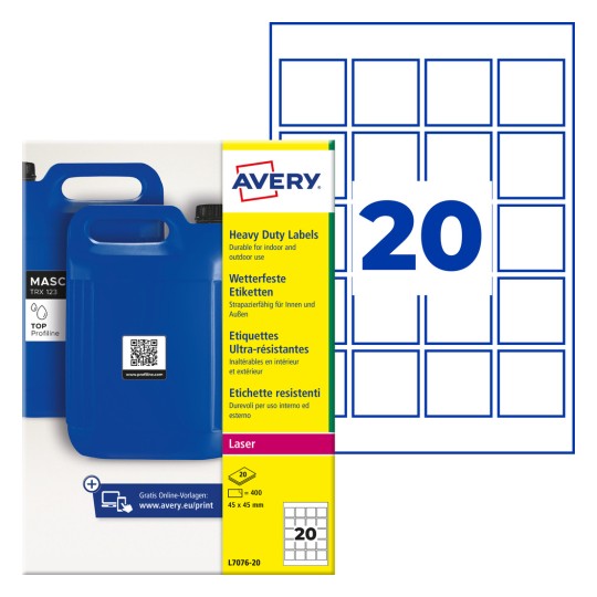 Averyjev paket trpežnih nalepk z modrimi kanistri in mrežo, ki prikazuje 20 kvadratnih nalepk?
