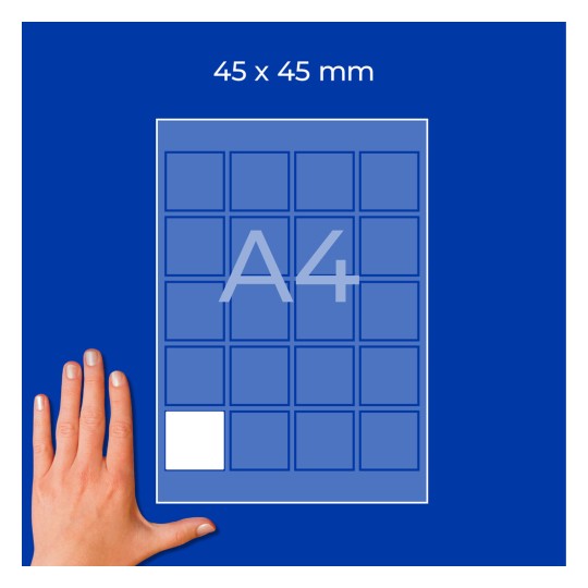 Roka poleg makete lista A4 z mrežo 45×45 mm in enim belim kvadratom?