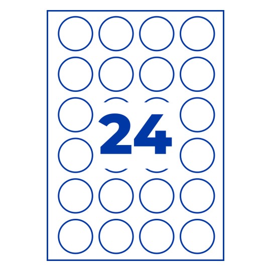 List z 24 modro obrobljenimi krožnimi nalepkami in velikim modrim številom 24 na sredini?