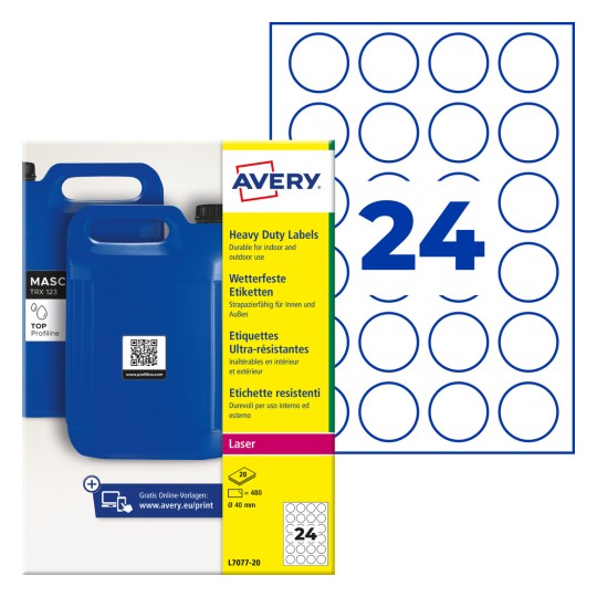 Paket okroglih nalepk Avery Heavy Duty z modrimi kanistri in listom s 24 okroglimi nalepkami?