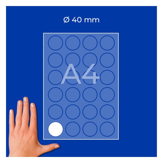 Roka poleg lista A4 z mrežo okroglih nalepk premera 40 mm, prikazana ena bela nalepka?