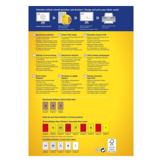 Slika prikazuje večjezični oglas za oblikovanje in tiskanje etiket, vključno s podrobnostmi o rjavih kraft etiketah, njihovih značilnostih in uporabi. Prikazuje dimenzije izdelka, vrste razpoložljivih etiket in informacije o promocijski podpori.
