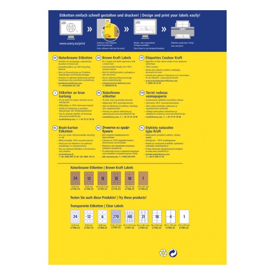 Slika je promocijska grafika za Averyjeve etiketne izdelke, ki vsebuje informacije o rjavih kraft etiketah v več jezikih. Vključuje podrobnosti o okolju prijaznih materialih, oblikovnih možnostih in specifikacijah izdelkov. Vizualna postavitev vključuje primere različnih formatov in velikosti etiket.