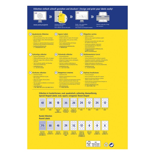 Ta slika prikazuje katalog dizajnov nalepk in možnosti tiskanja pri Averyju, vključuje kvadratne, pravokotne, ovalne, okrogle in posebej oblikovane nalepke, z večjezičnimi opisi in nasveti za tiskanje.