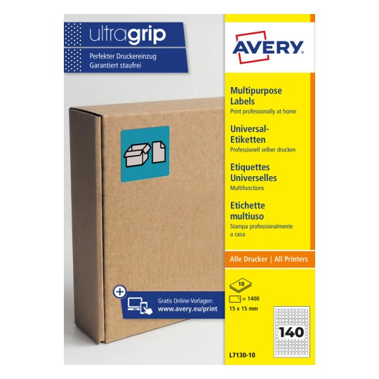 Kartonska škatla z modro Avery Ultragrip nalepko za embalažo in trakom z informacijami o izdelku?