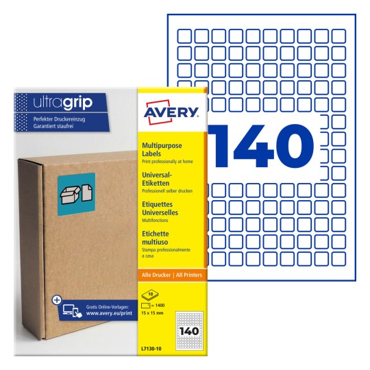 Večnamenski paket nalepk Avery Ultragrip, ki prikazuje 140 majhnih kvadratnih nalepk in kartonsko škatlo?