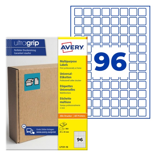 Večnamenski paket etiket Avery Ultragrip, ki prikazuje 96 modrih kvadratnih etiket in embalažo?