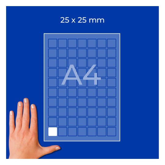 List A4 z mrežo 25 × 25 mm in roka, ki prikazuje merilo, na modrem ozadju?