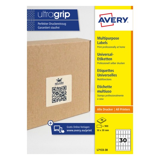 Kartonasta škatla s kvadratno nalepko QR-kode in stransko vrstico embalaže nalepk Avery Ultragrip?