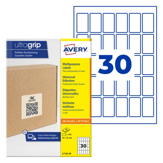Večnamenski paket nalepk Avery, ki prikazuje 30 majhnih pravokotnih nalepk in embalažo?