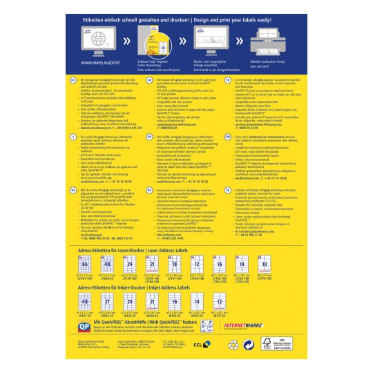 Slika vsebuje promocijski vodnik za tiskanje etiket Avery. Poudarjene so lastnosti, kot so ultraGrip tehnologija, različne vrste etiket, navodila za tiskanje in kontaktne informacije v več jezikih. Na dnu so prikazane različne predloge za naslove z dimenzijami.
