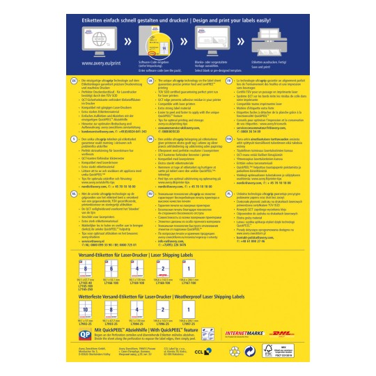 Slika prikazuje informativni letak o nalepkah za laserske tiskalnike, ki podrobno opisuje funkcije, kot so tehnologija ultragrip, pomoč QuickPEEL, nasveti za tiskanje in različne vrste nalepk, ki so na voljo. Letak vključuje več jezikov in kontaktne informacije za poizvedbe.
